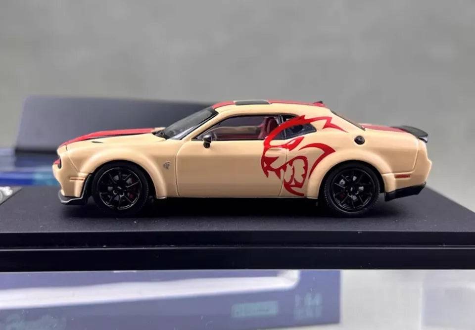 Stance Hunters 1:64  Dodge Challenger SRT Hellcat Beige/Red Graphics –  Diecast Car