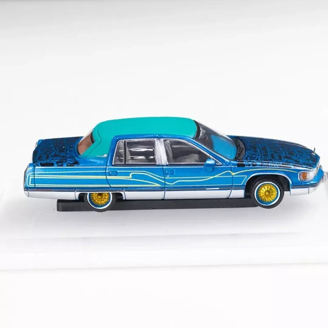 MK Miniatures 1:64 Cadillac Fleetwood Lowrider Die-Cast Model Car – Blue/Green Custom Edition
