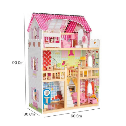 Dreamy Hearts Wooden Dollhouse – Multi-Story Pretend Play Villa with Furniture - Jaiman Toys