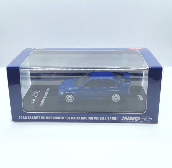 INNO64 Ford Escort RS Cosworth (LHD) Blue 1:64 Scale Die-Cast Model Car | Premium Ford Rally Collectible Miniature, Detailed Interior, Rubber Tires, Authentic Replica with Display Case & Collector Box