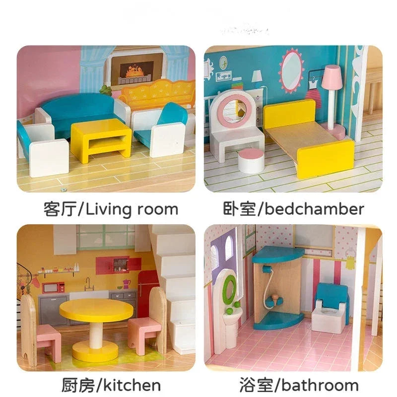MDF 3-Floor Wooden Doll House Baby – Pretend Play Furniture Set for Kids, Educational Role Play Toy