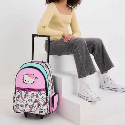 Smiggle Hello Kitty 18-Inch Trolley Backpack with Retractable Handle, Rolling Wheels, Glitter Bow and Character Print for Kids – Pink, Mint & White