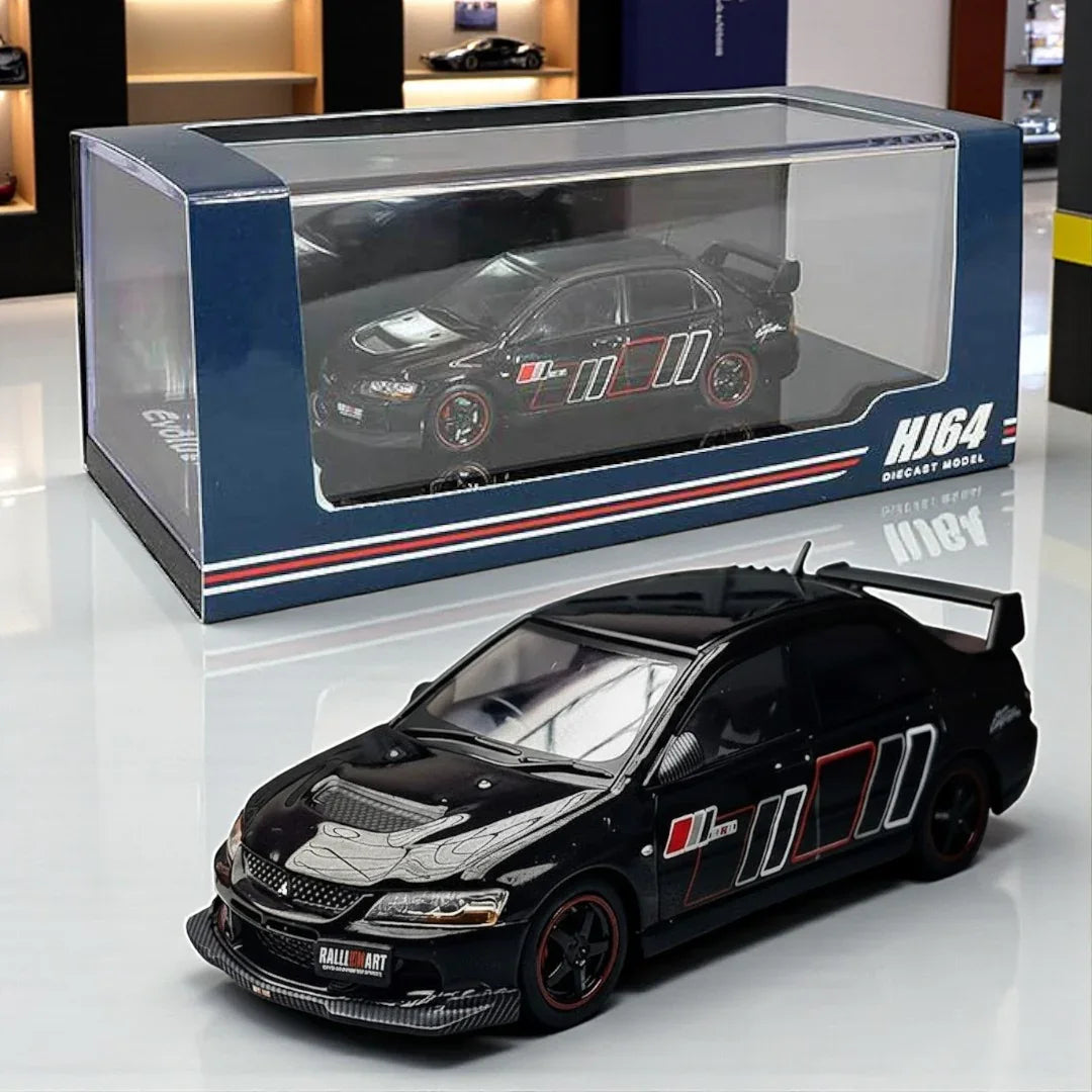 HJ64 1:64 Mitsubishi Lancer Evolution IX Die-Cast Model Car – Black with Racing Stripes (Collector’s Edition)