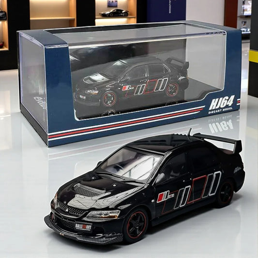 HJ64 1:64 Mitsubishi Lancer Evolution IX Die-Cast Model Car – Black with Racing Stripes (Collector’s Edition)