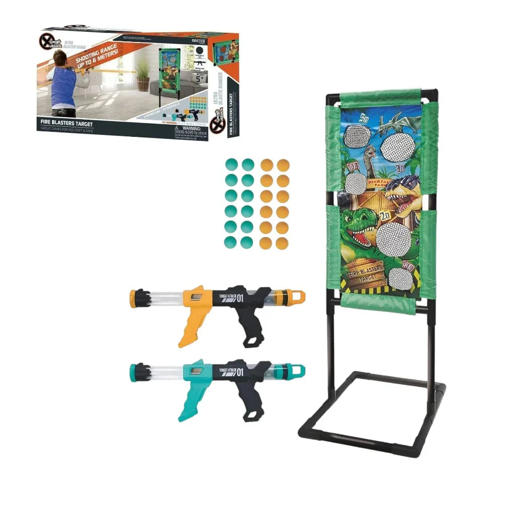 Innov8 Fire Blaster Target Set, 2 Air-Powered Blasters with 24 Foam Balls, Adjustable Dinosaur Target, Kids 5+ - Jaiman Toys