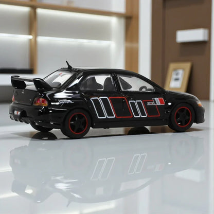 HJ64 1:64 Mitsubishi Lancer Evolution IX Die-Cast Model Car – Black with Racing Stripes (Collector’s Edition)