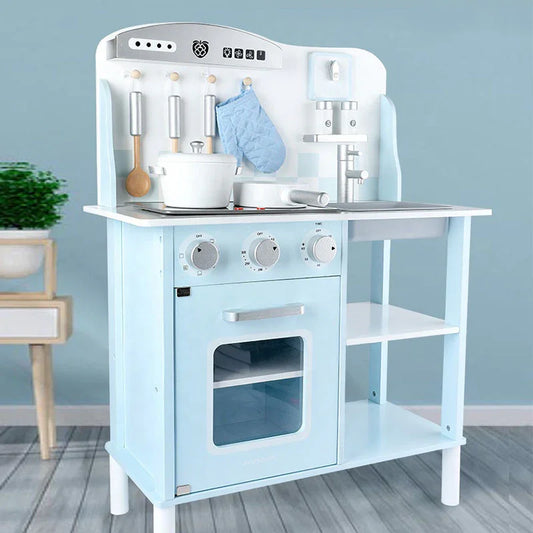 Blue Wooden Kitchen Role Play Toy Set For Kids Kitchen Mini Simulation Cooking Pretend Play Set