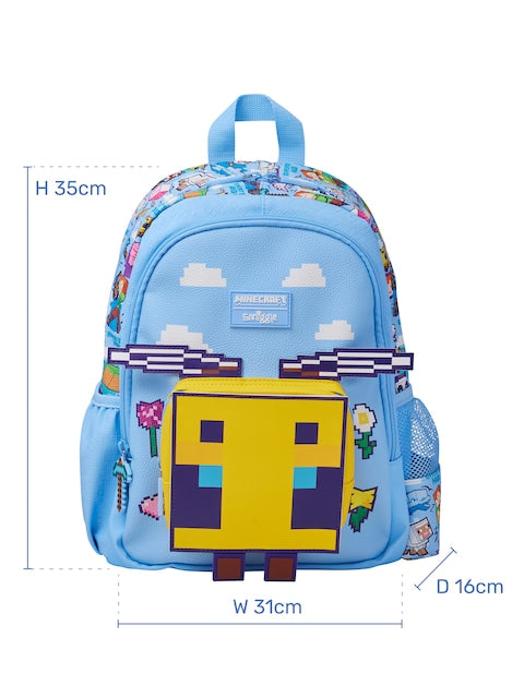 Smiggle x Minecraft Junior Character Backpack (Blue) | 14-Inch Kids School Bag with 3D Pixelated Bee Pocket & Minecraft Graphics