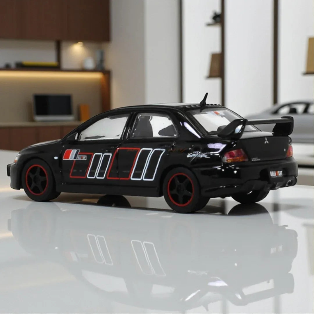 HJ64 1:64 Mitsubishi Lancer Evolution IX Die-Cast Model Car – Black with Racing Stripes (Collector’s Edition)