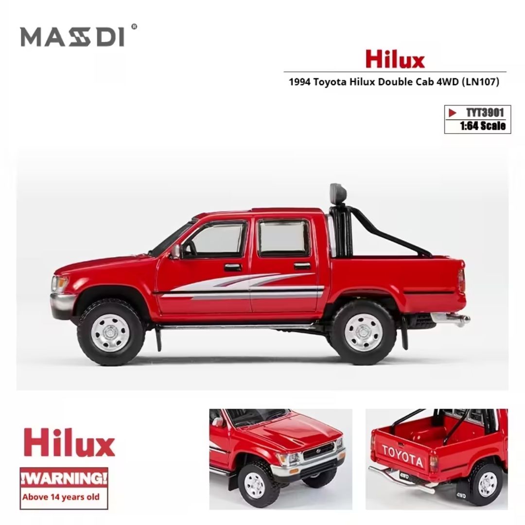 MASSDI 1:64 Toyota Hilux LN107 Double Cab 4WD 1994 (Red) Die-Cast Model Car – Premium Off-Road Pickup Truck Collectible