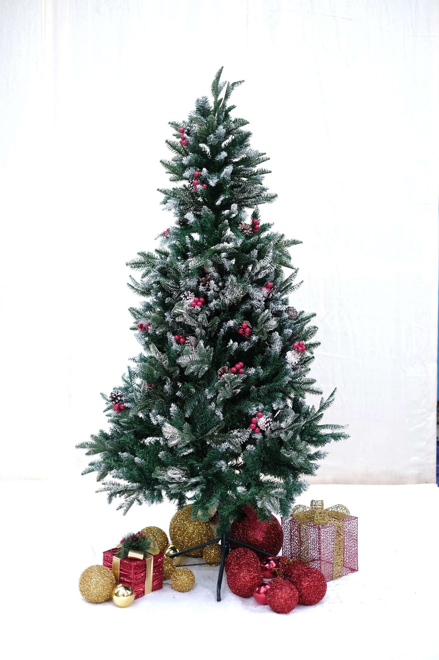 SWEN NORTHLIGHT flocked christmas tree pinecones and cherries