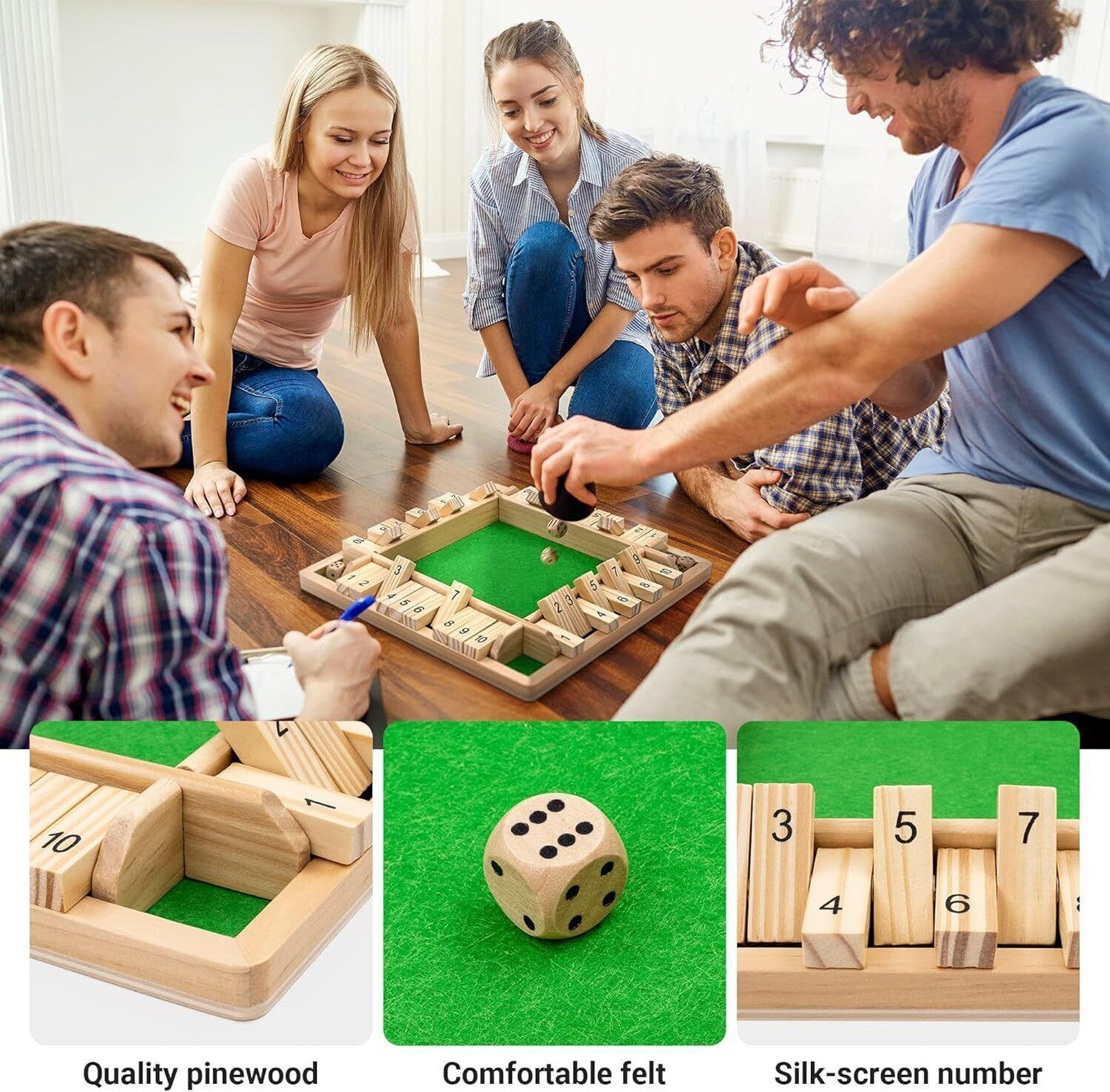 Simarr Wooden Shut the Box Dice Game – 4 Player Classic Number Board Game with Dice
