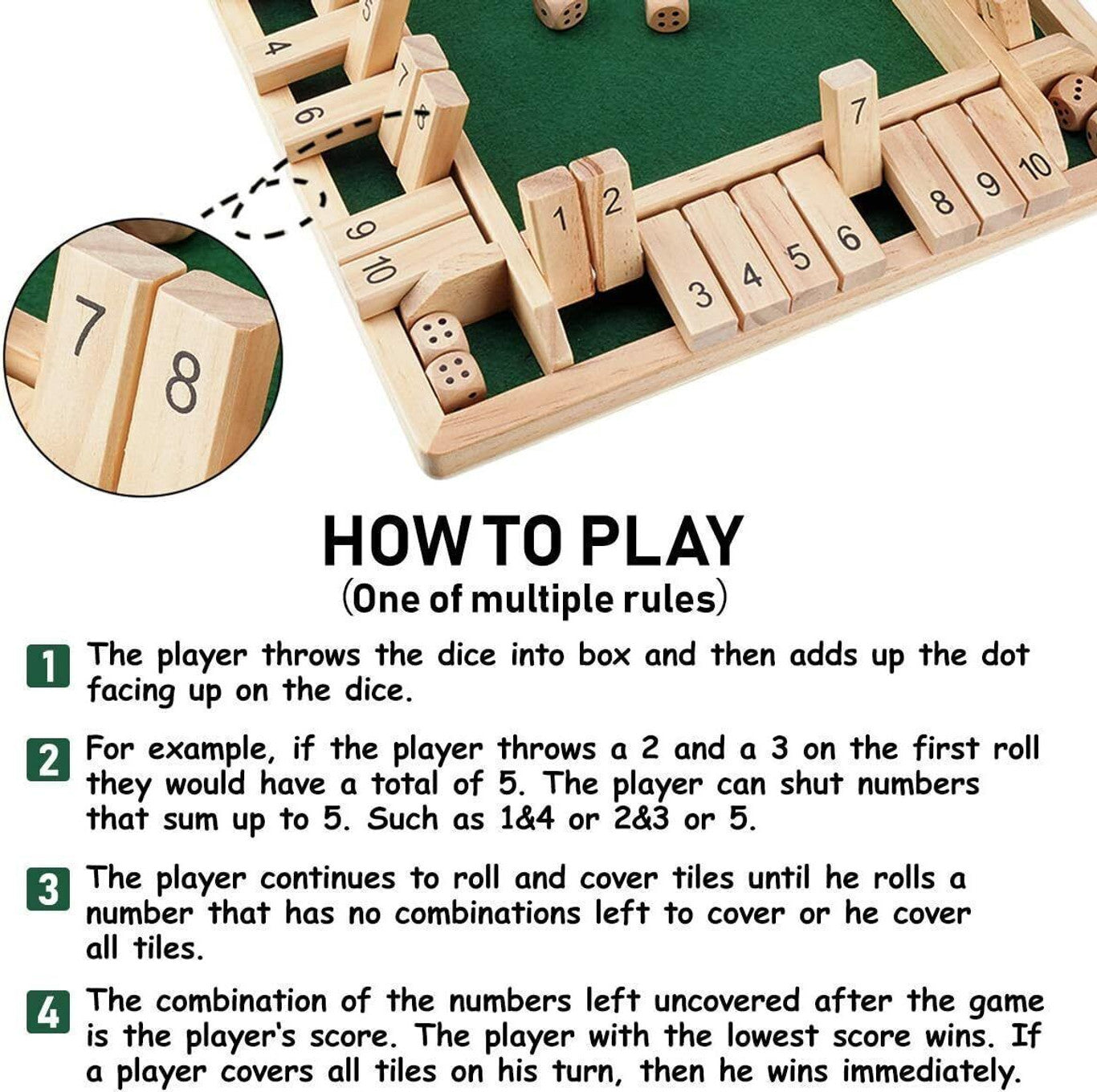 Simarr Wooden Shut the Box Dice Game – 4 Player Classic Number Board Game with Dice