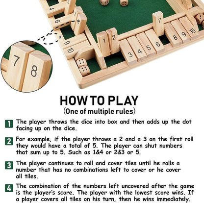 Simarr Wooden Shut the Box Dice Game – 4 Player Classic Number Board Game with Dice