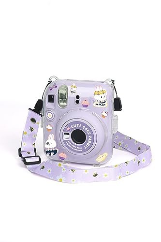 Fujifilm Instax Mini 12 Crystel Clear Camera Case + Adjustable Rainbow Strap and Photo Pocket in Back + Case Decorative Stickers - Lilac purple