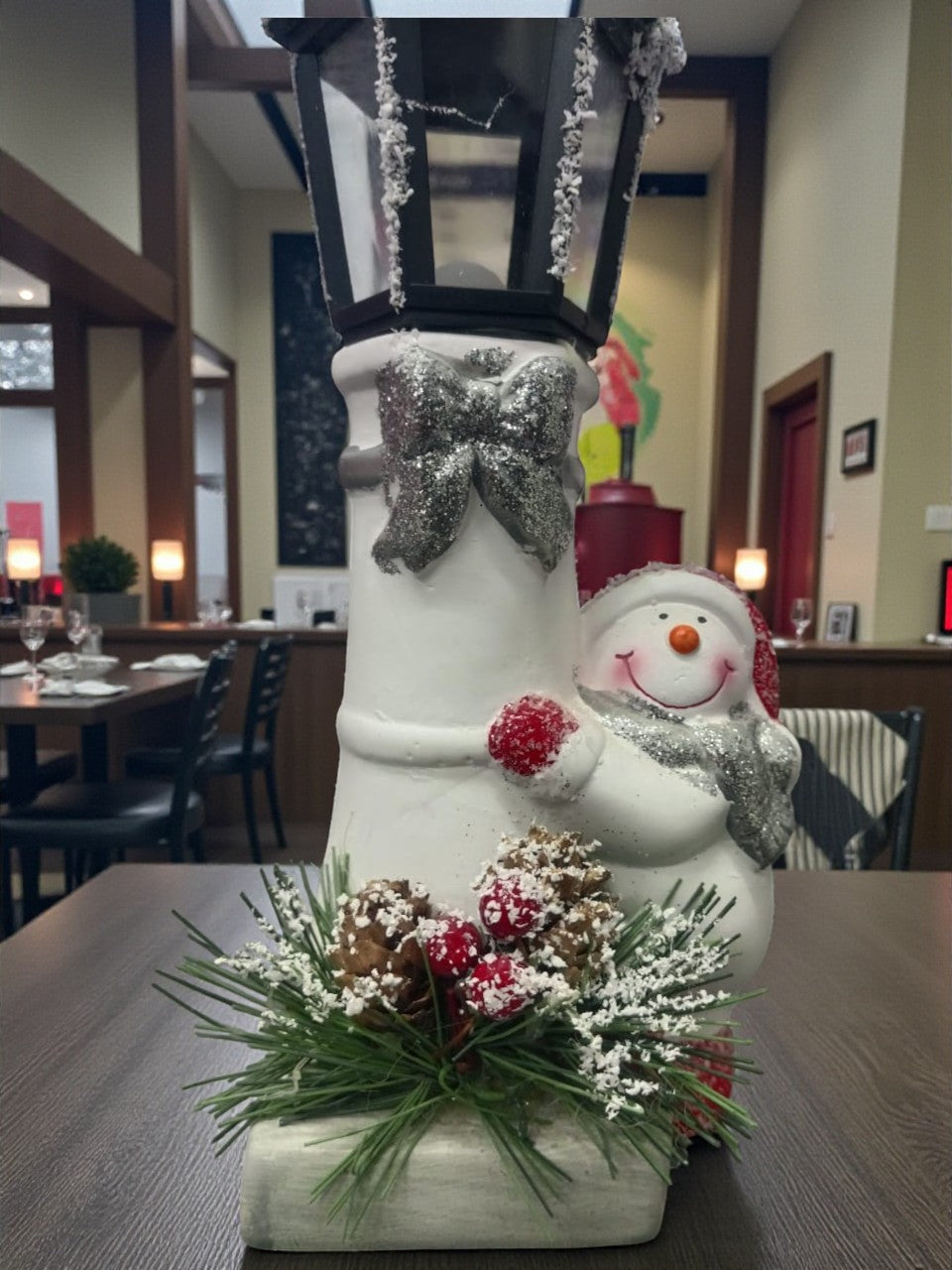 Snow Lantern Christmas Figurine Set | Santa & Snowman with Pinecones & Snowy Greens – Festive Table Décor Pack of 2