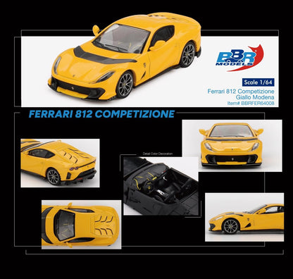 BBR Models 1:64 Ferrari 812 Competizione Die-Cast Model Car – Giallo Modena Yellow Collectible Sports Car Miniature
