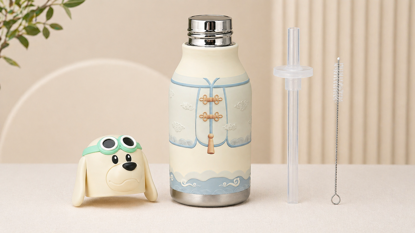 Afresh 365 Animal Head Kids Insulated Water Bottle 450ml (16oz) | Stainless Steel Straw Bottle with Cleaning Brush