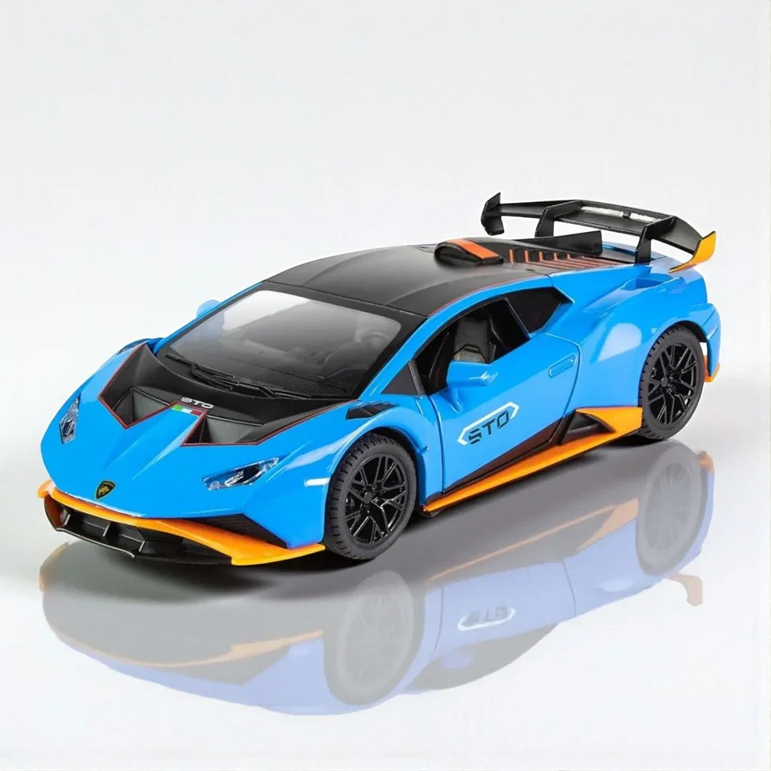 1:24 Scale Lamborghini Huracán STO. Die-Cast Metal Sports Car – Pull Back Model with Openable Doors, Sound & Light | Zinc Alloy Collectible Car