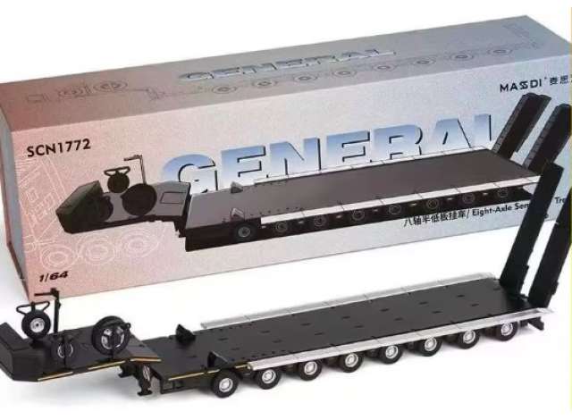Massdi Scania Eight-Axis Semi-Low Deck Trailer 1:64 Scale Die-Cast Model Trailer – Heavy Haul Transport Collectible (Black)