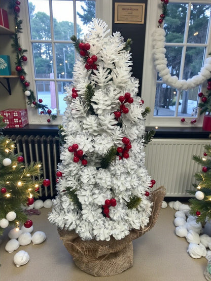 White Snow Pinecone Christmas Tree 40–45cm | Tabletop Decor with Red Berries & Jute Base – Winter Holiday Centerpiece