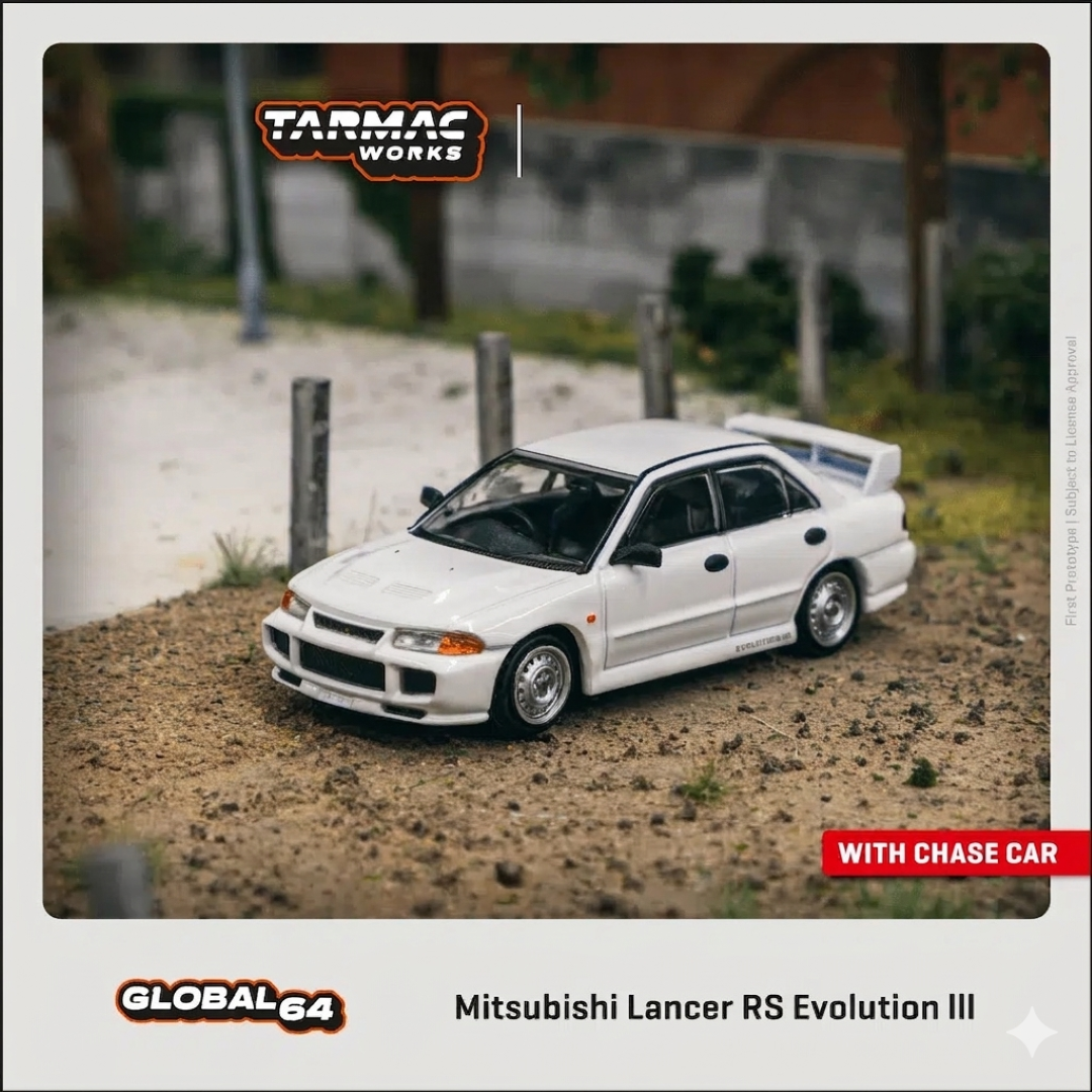 Tarmac Works GLOBAL64 1:64 Mitsubishi Lancer RS Evolution III White Diecast Model Car (T64G-050-RS)