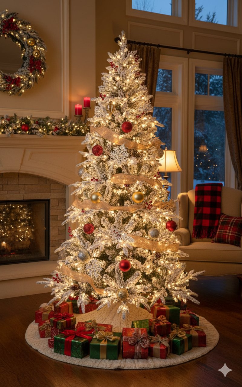 SWEN Paloma 8-Feet Christmas Tree with Frosting & Red Cherries | Premium Snow-Kissed Festive Tree