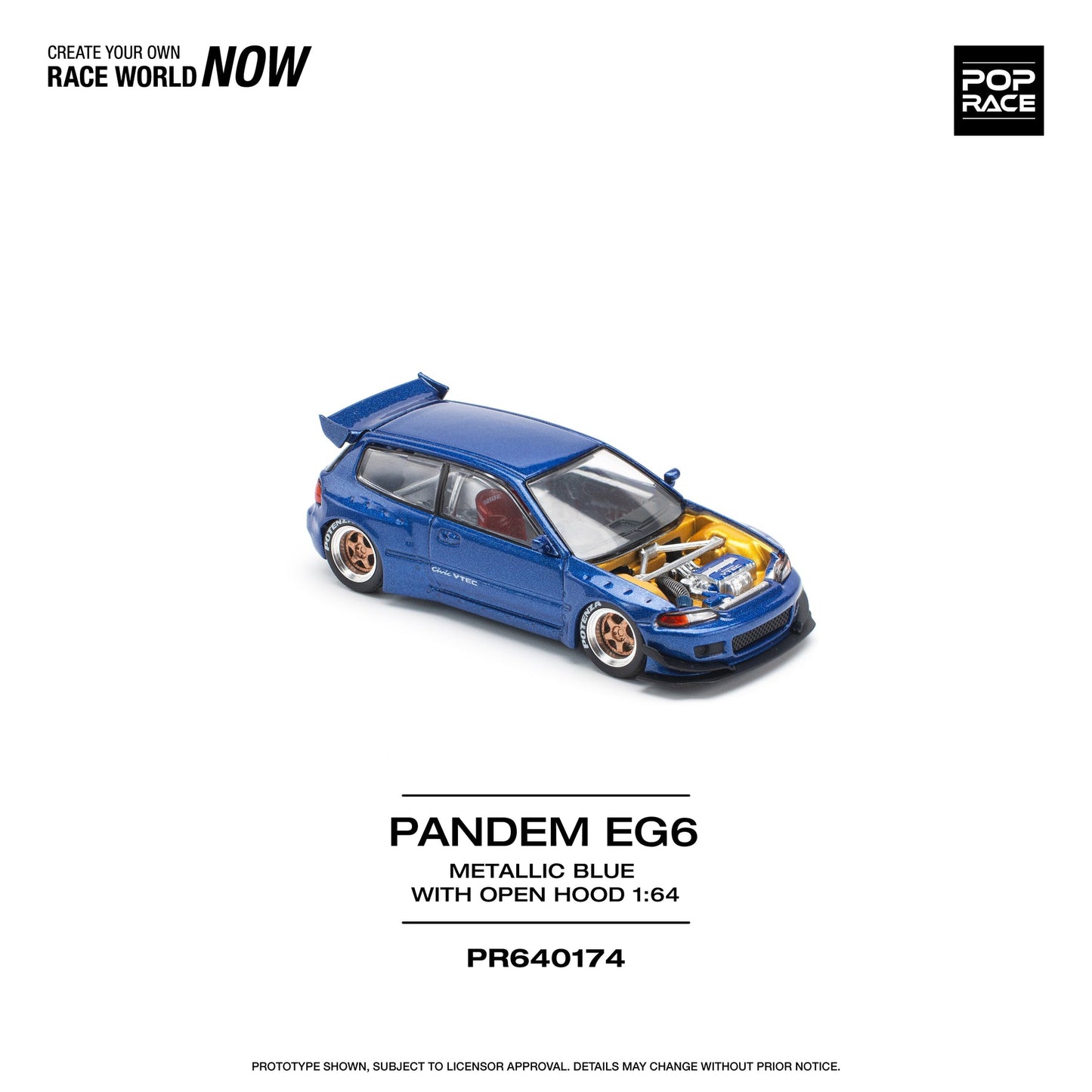 POP RACE 1:64 Pandem Honda Civic EG6 Metallic Blue with Opening Hood Diecast Model Car | PR640174 | Official Licensed Collectible
