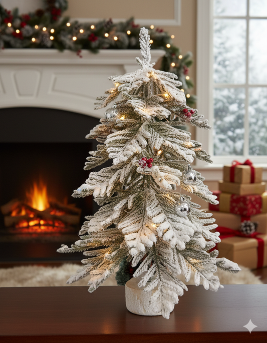 SWEN Luce 2-Feet Tabletop Christmas Tree with Frosting & Wooden Base | Premium Mini Snow-Kissed Décor