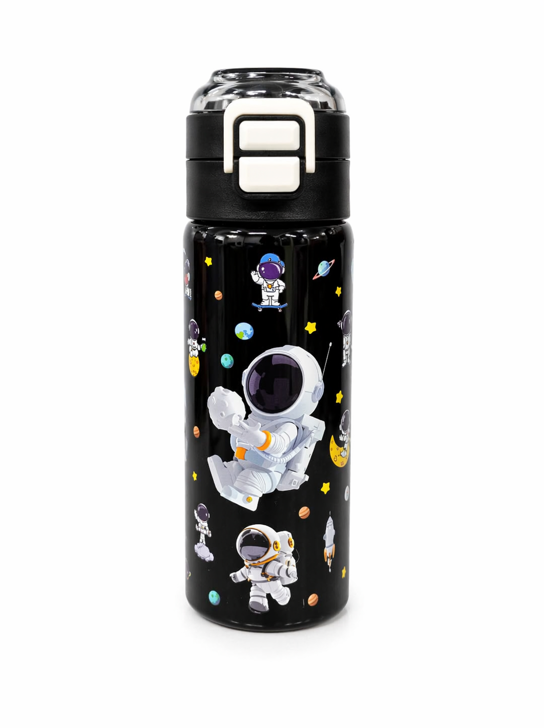 Kids Stainless Steel Space Theme Water Bottle 500ml with Straw Lid – Leakproof School Bottle for Children (Astronaut Design)