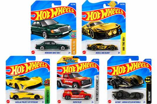 Hot Wheels 1:64 Die-Cast Cars 5-Pack Combo – Mercedes-Benz 500 E, Muscle and Blown, Cadillac Project GTP Hypercar, Rapid Pulse & Batman Arkham Asylum Batmobile