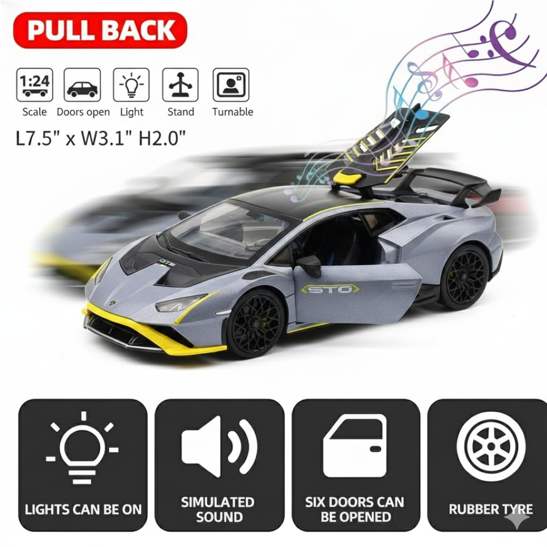MSZ 1:32 Lamborghini Huracan STO Die-Cast Model Car – Grey | Pull Back, Openable Doors, Light & Sound (68716A)