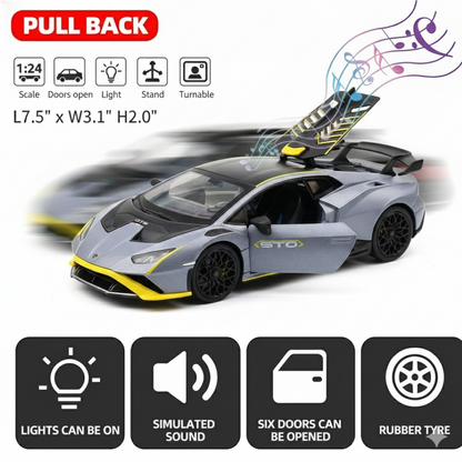 MSZ 1:32 Lamborghini Huracan STO Die-Cast Model Car – Grey | Pull Back, Openable Doors, Light & Sound (68716A)
