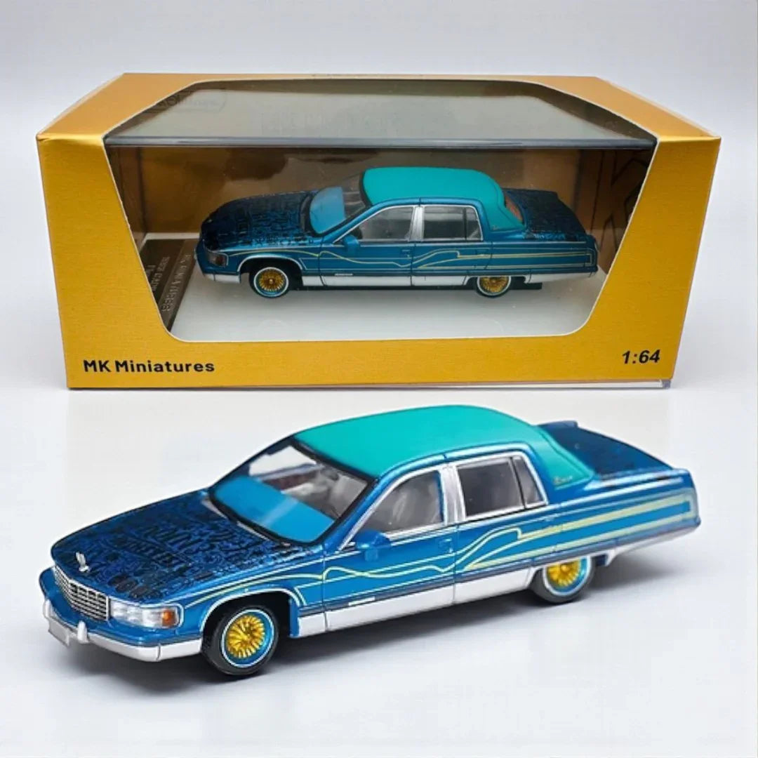 MK Miniatures 1:64 Cadillac Fleetwood Lowrider Die-Cast Model Car – Blue/Green Custom Edition