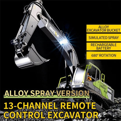 Huina 1661 1:18 Die-Cast Metal RC Excavator | 11-Channel Remote Control Construction Vehicle with LED Lights, Rechargeable Battery & 2.4GHz Radio System