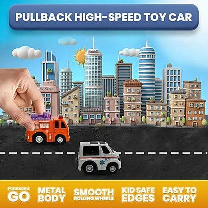 Joy Junction Mini Racer 1:64 Scale Pull Back Diecast Car Set – Ambulance & Fire Truck Toy for Kids & Collectors