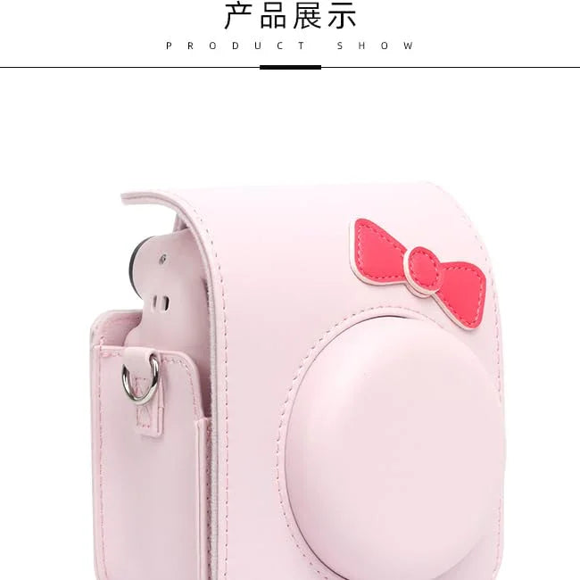 Chic Charm – White Bowknot PU Leather Camera Case for Instax Mini 12 with Strap -Pink - Jaiman Toys