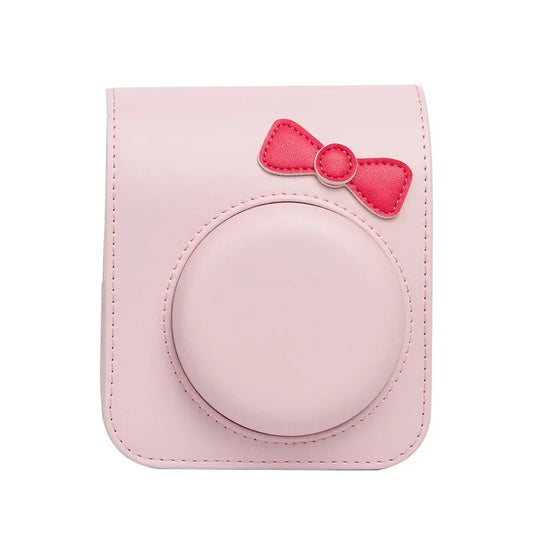 Chic Charm – White Bowknot PU Leather Camera Case for Instax Mini 12 with Strap -Pink - Jaiman Toys