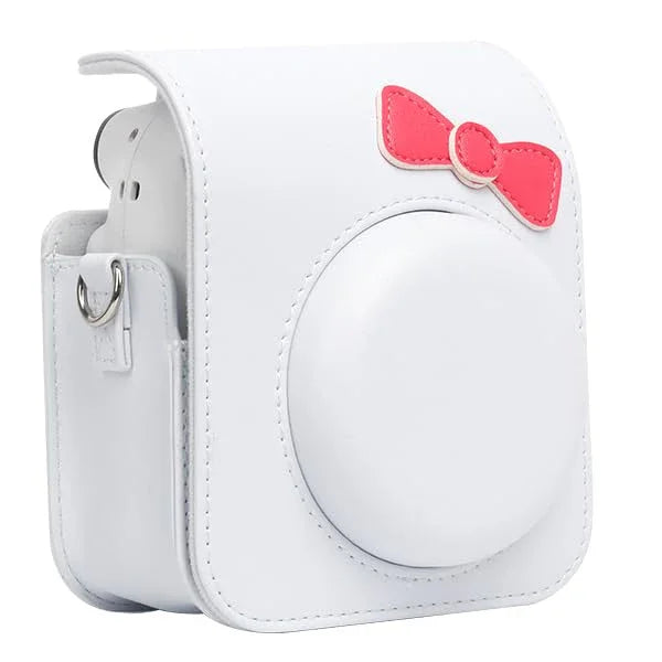Chic Charm – White Bowknot PU Leather Camera Case for Instax Mini 12 with Strap -White - Jaiman Toys