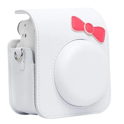Chic Charm – White Bowknot PU Leather Camera Case for Instax Mini 12 with Strap -White - Jaiman Toys