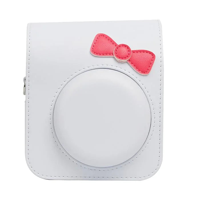 Chic Charm – White Bowknot PU Leather Camera Case for Instax Mini 12 with Strap -White - Jaiman Toys