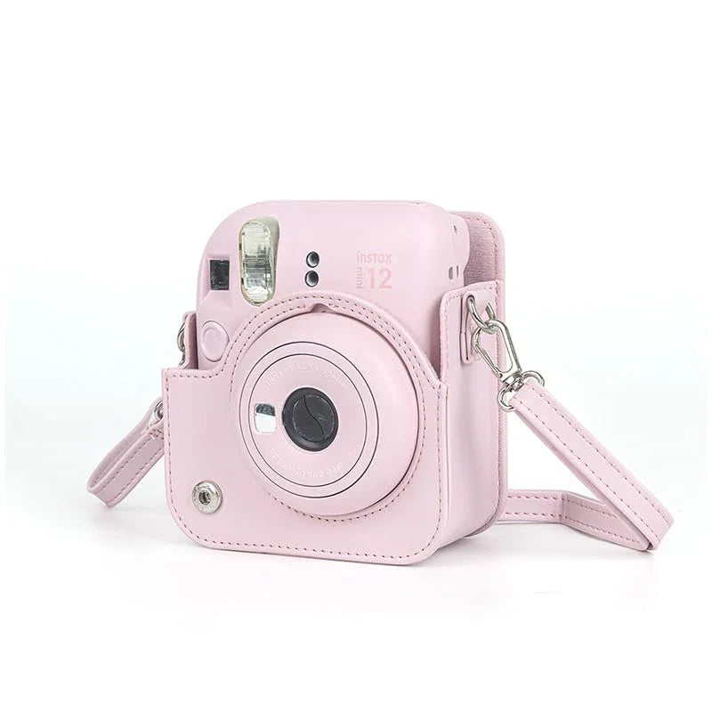 Chic Charm – White Bowknot PU Leather Camera Case for Instax Mini 12 with Strap -Pink - Jaiman Toys
