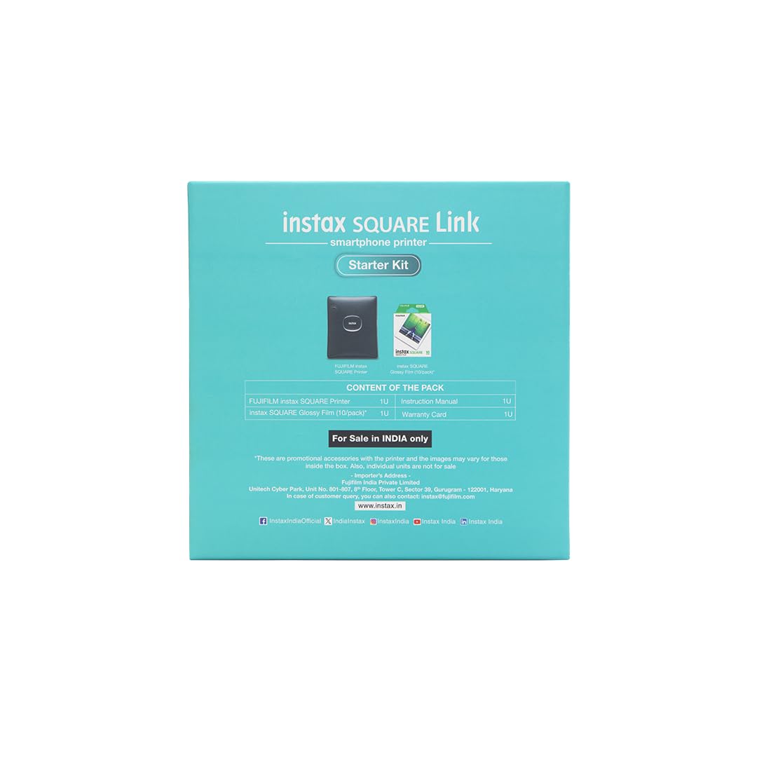 Fujifilm Instax Square Link Smartphone Instant Photo Printer+ 10 Films –Starter Kit, - 2 Color Options