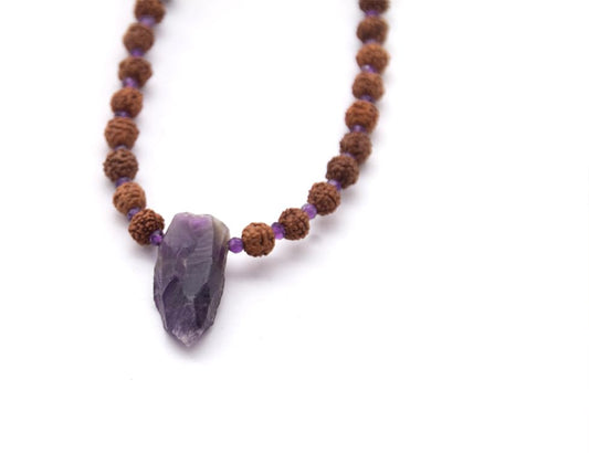 Maha Mala Amethyst & Rudraksha 108 Beads Healing Mala – 6mm Rudraksha, 3.5mm Amethyst with Raw Crystal | Handmade in India