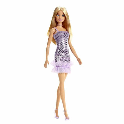 Barbie Doll with Blonde Hair: Lavender Metallic Mini Dress &amp; Trendy Accessories - Perfect Kids' Toy Gift!"