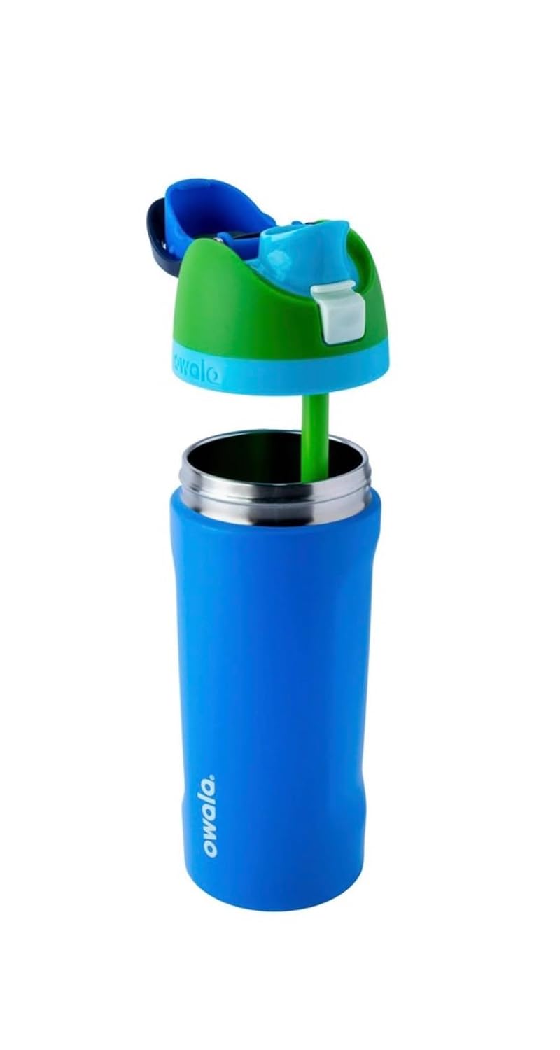 Owala FreeSip 16 oz / 475 ml Insulated Stainless Steel Water Bottle with Built-In Straw, Push-Button Lid & Carry Loop – Blue & Green