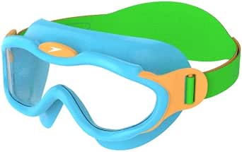 Speedo Biofuse Unisex Kids Infant Swim Mask with Anti-Fog Clear Lens, 100% UV Protection and Easy-Adjust Strap, Ages 2–6 – Blue, Green & Orange