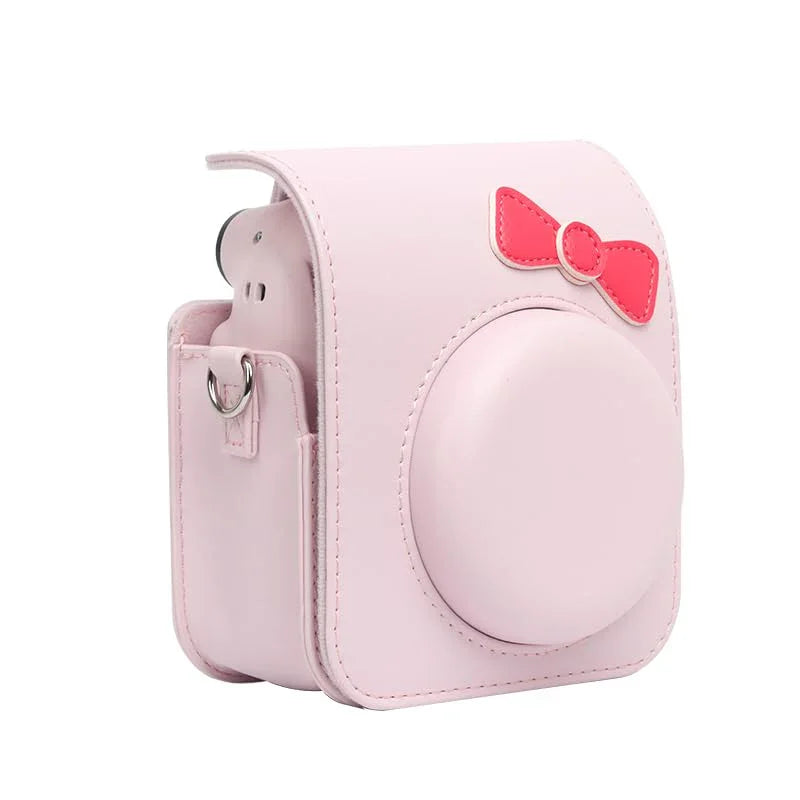 Chic Charm – White Bowknot PU Leather Camera Case for Instax Mini 12 with Strap -Pink - Jaiman Toys
