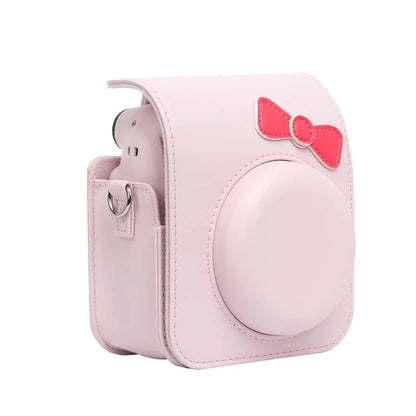Chic Charm – White Bowknot PU Leather Camera Case for Instax Mini 12 with Strap -Pink - Jaiman Toys