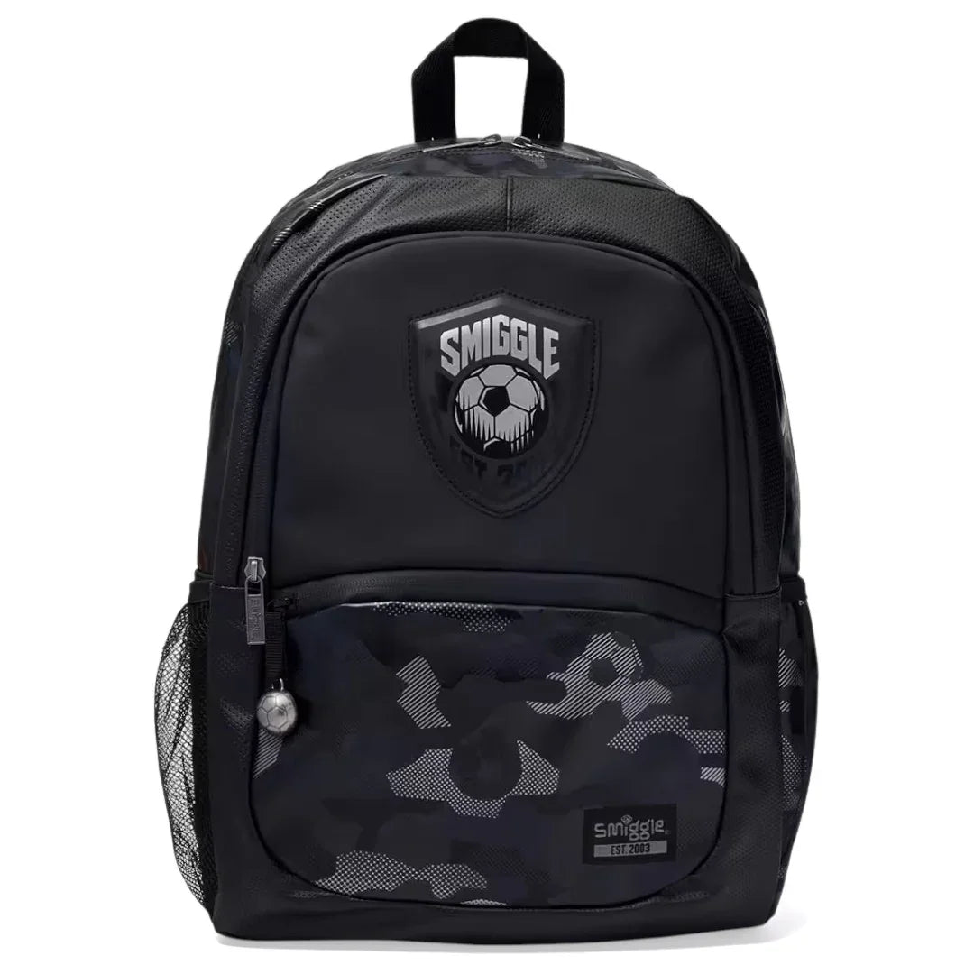 Smiggle 16" Assist Classic School Backpack – Football Metal Zip, Camo Design, Dual Bottle Sleeves